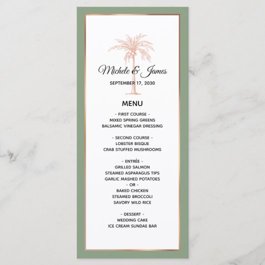 Menu Élégant Rose Doré Cuivre Arbre à Palmes Mariage (Devant)