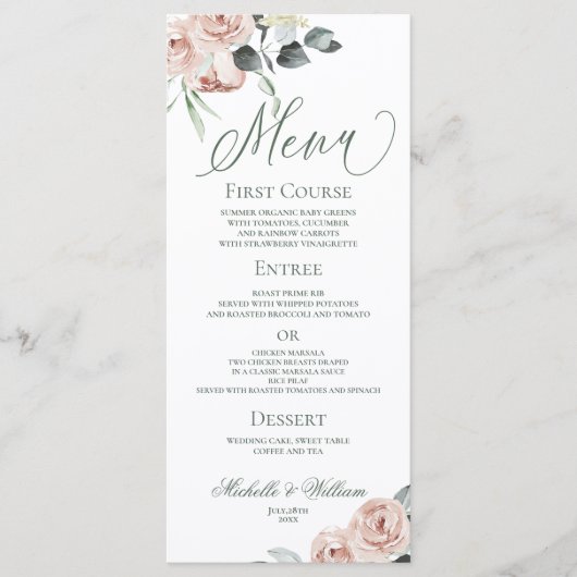 Menu Élégant Rose Dusty Mariage Eucalyptus (Devant)