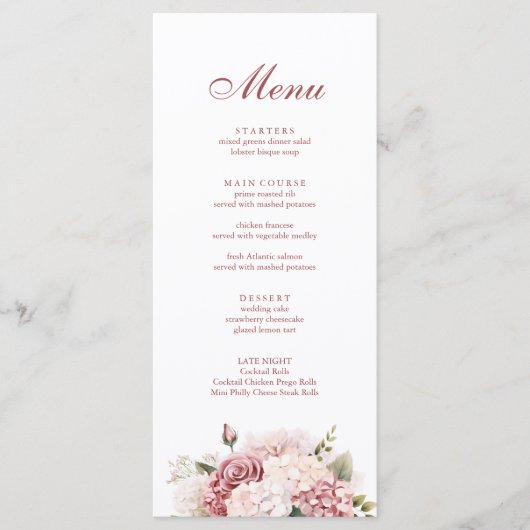 Menu Élégant Rose Dusty moderne Hydrangea Mariage (Devant)