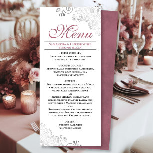 Menu Élégant Rose Dusty perce d'argent sur Mariage blan