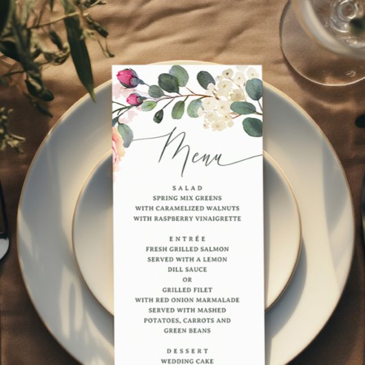Menu Elégant Rose et vert aquarelle. Mariage floral
