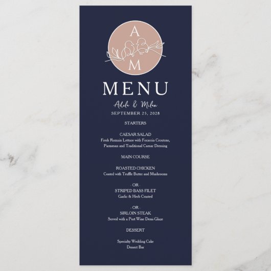 Menu Elégant Rose Gold et Mariage bleu marine (Devant)
