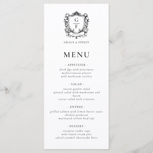 Menu Élégant Rose Monogram Crest Mariage (Devant)
