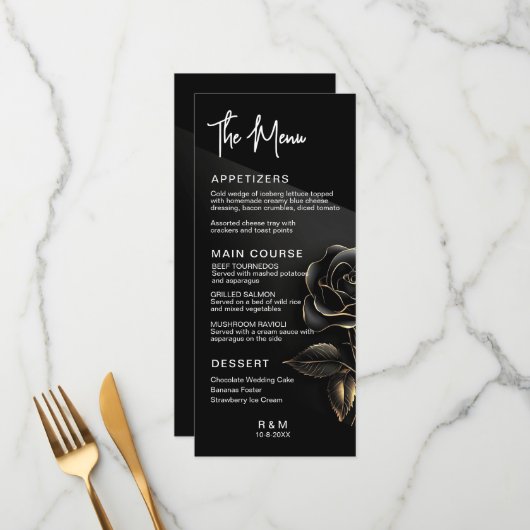 Menu Élégant Rose noir et or Mariage (Devant/Arrière en situation)