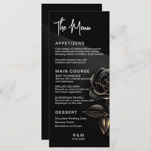 Menu Élégant Rose noir et or Mariage (Devant / Derrière)