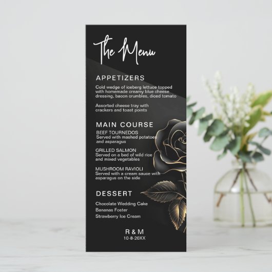 Menu Élégant Rose noir et or Mariage (Debout devant)