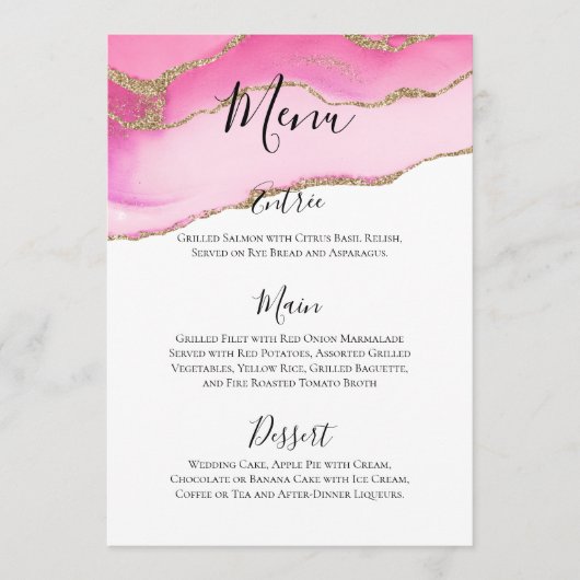 Menu Elégant Rose & Or Agate Stone Mariage Réception (Devant)