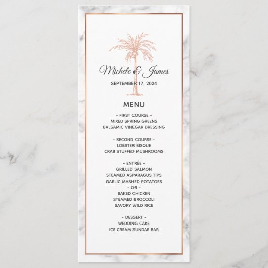 Menu Elégant Rose or cuivre Palm Tree Marble Mariage (Devant)