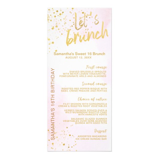 Menu Élégant Rose Pâle & Or pour une Sweet 16  (Devant)