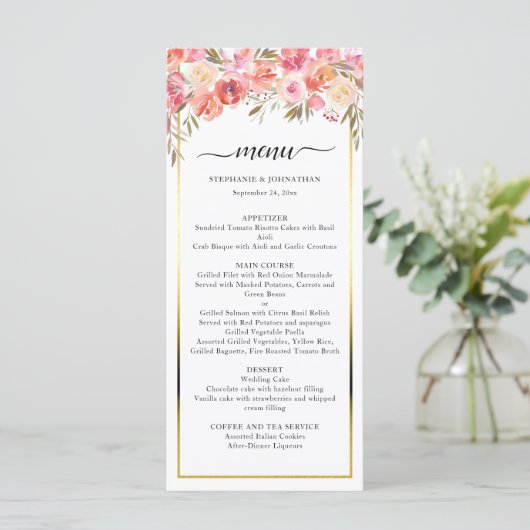 Menu Elégant rose Peach Floral Aquarelle Mariage or (Debout devant)