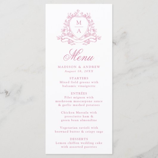 Menu Elégant Rose Quartz Floral Crest Monogram Mariage (Devant)