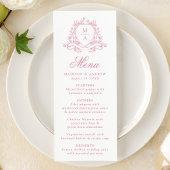 Menu Elégant Rose Quartz Floral Crest Monogram Mariage