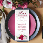 Menu Élégant Rose rose chaud Magenta & Blush<br><div class="desc">Ce beau menu ajoutera un peu de style à votre réception de mariage. Il présente un beau design boho chic floral avec un ensemble de roses d'aquarelle peints à la main dans les tons rose chaud, magenta et rougissant, ainsi que des sprigs de feuilles d'eucalyptus et de verdure du jardin....</div>