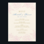 Menu Élégant Rose rose floral Mariage frontière<br><div class="desc">Les élégantes cartes de menu mariage d'inspiration vintage sont dotées d'un motif rose à fleurs rose avec un texte personnalisé bleu et or poussiéreux et une couleur arrière - plan en ivoire clair.</div>