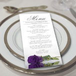 Menu Élégant Rose Royal violet avec Mariage Réflexions<br><div class="desc">Ce beau menu ajoutera un peu de style à votre réception de mariage. Il présente un design magnifique et romantique, avec un seul rose de couleur violet royal, allongé sur son côté, se reflétant dans un bassin d'eau avec vagues et ondulations. Il y a de l'espace pour les noms du...</div>