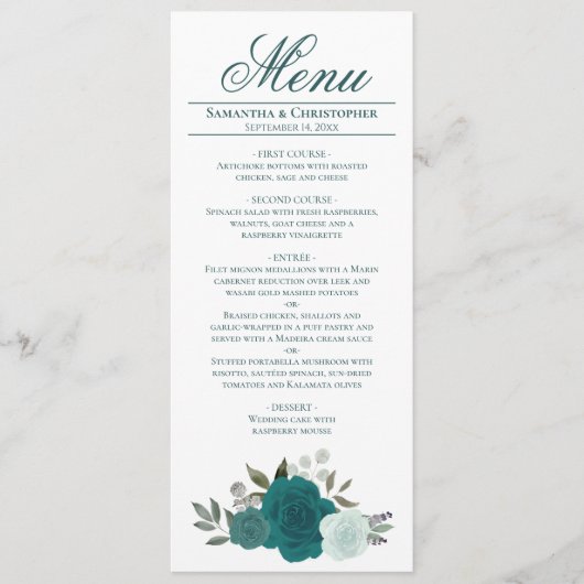 Menu Elégant Rose Turquoise Aquarelle Boho Chic Mariage (Devant)