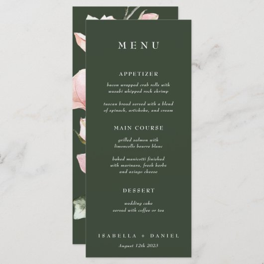 Menu Elégant Rose vert Aquarelle Magnolia Mariage (Devant / Derrière)