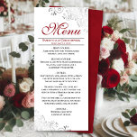 Menu Elégant rouge avec des torsades d'argent sur Maria<br><div class="desc">Ce beau menu ajoutera un peu de style à votre réception de mariage. Il présente une belle conception avec des boucles et des tourbillons en faux feuille gris argent ornés sur un arrière - plan blanc classique, avec du texte rouge pourpre et un dos marbré. Il y a de l'espace...</div>