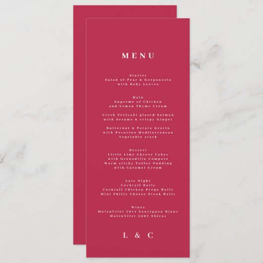 Menu Élégant rouge foncé Magenta Mariage classique (Devant / Derrière)