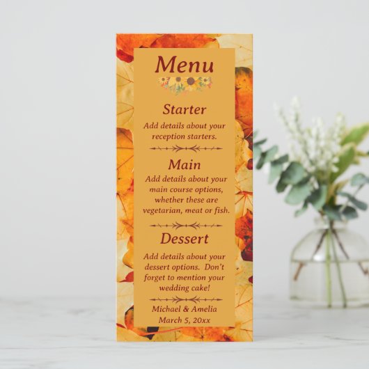 Menu Élégant Rouge Gold Automne Feuilles Mariage de aut (Debout devant)