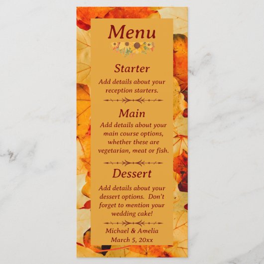 Menu Élégant Rouge Gold Automne Feuilles Mariage de aut (Devant)