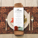 Menu Elégant rouille orange Rose Réflexions Mariage<br><div class="desc">Ce beau menu ajoutera un peu de style à votre réception de mariage. Il présente un design magnifique et romantique avec un seul rose couleur rouille orange ou rouge brûlé sur son côté réfléchissant dans un bassin d'eau avec vagues et ondulations. Il y a de l'espace pour les noms du...</div>