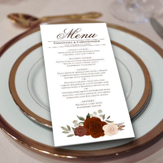 Menu Elégant rouille orange Roses Boho Mariage