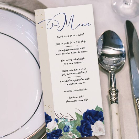 Menu Elégant Royal Blue et ivoire Rose Floral