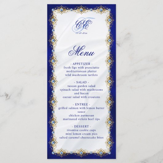 Menu Elegant Royal Blue Floral Monogram Wedding (Devant)