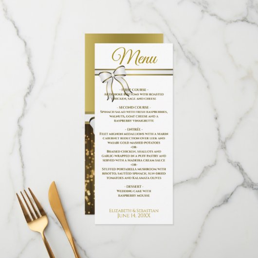 Menu Élégant Ruban Or & Mariage Festive Éperkles (Devant/Arrière en situation)