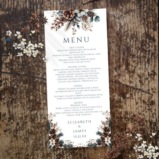 Menu Élégant Rustique Fleurs de Forêt Cônes de Pin Mari