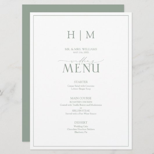 Menu Élégant Sage Green Calligraphie Monogramme Mariage (Devant / Derrière)