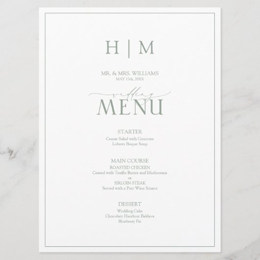 Menu Élégant Sage Green Calligraphie Monogramme Mariage (Devant)