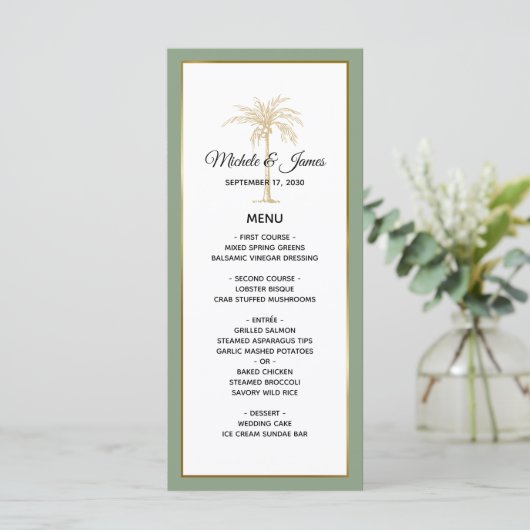 Menu Élégant Sage Green Gold Palm Tree Mariage (Debout devant)