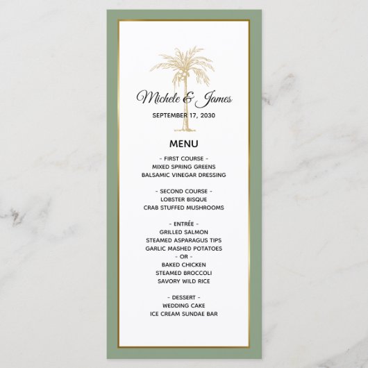 Menu Élégant Sage Green Gold Palm Tree Mariage (Devant)