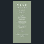 Menu Elégant Sage Green Moderne Dîner Mariage<br><div class="desc">Un menu à la sauce vert et blanc élégant minimaliste chic mariage vert clair menu pour dîner. Ce qui présente le design modèle chic de sauge arrière - plan vert et la typographie blanche. Et mangeons le libellé dans la calligraphie chic élégante.</div>