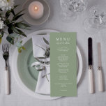 Menu Elégant Sage Green Moderne Dîner Mariage<br><div class="desc">Un menu à la sauce vert et blanc élégant minimaliste chic mariage vert clair menu pour dîner. Ce qui présente le design modèle chic de sauge arrière - plan vert et la typographie blanche. Et mangeons le libellé dans la calligraphie chic élégante.</div>