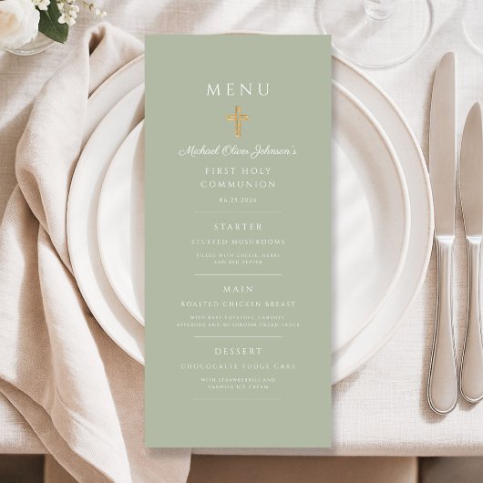 Menu Elegant Sage Green Religious Cross First Communion