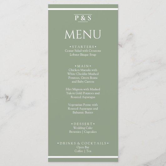 Menu Élégant Sage Green Simple Monogramme Mariage (Devant)