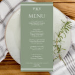 Menu Élégant Sage Green Simple Monogramme Mariage<br><div class="desc">Un menu à dîner minimaliste chic et bleu marine,  blanc et blanc,  vert clair et bleu marine. Ce qui présente le design modèle chic de sauge arrière - plan vert et la typographie blanche. Et monogramme ou initiales en haut et bandes blanches en bas et en haut.</div>