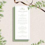 Menu Elegant Sage Green & White Border Script Wedding<br><div class="desc">This classic wedding menu features a soft sage green and white color palette with an elegant border and timeless script typography. Designed with a refined front-and-back layout, the front showcases your curated menu while the coordinating back adds a polished, finished look to each card. Perfect for formal, garden, and classic...</div>