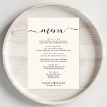 Menu Elégant Script Cream Wedding Réception<br><div class="desc">Elégant menu de réception mariage crème légère avec "menu" dans un script de calligraphie chic avec des swashes,  votre menu customisé dans une typographie moderne simple,  vos prénoms unis par un coeur et votre date de réception.</div>