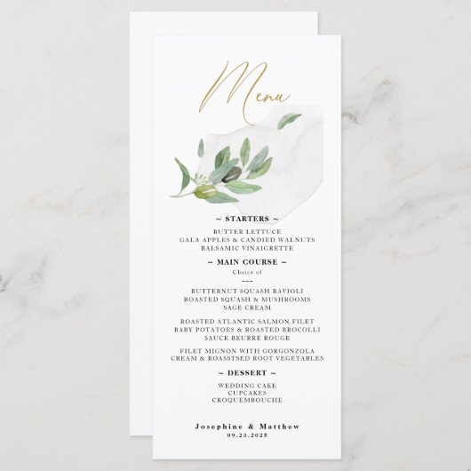 Menu Élégant script de calligraphie des branches d'oliv (Devant / Derrière)