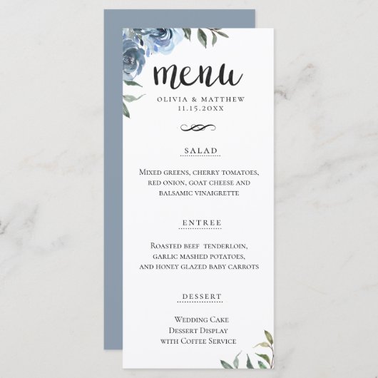 Menu Élégant Script Dusty Blue Botanical Mariage (Devant / Derrière)