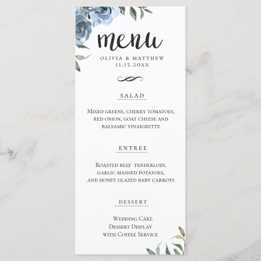 Menu Élégant Script Dusty Blue Botanical Mariage (Devant)