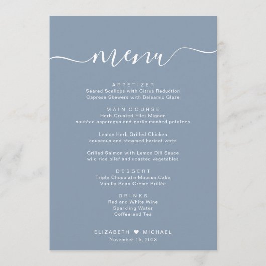 Menu Élégant Script Dusty Blue Wedding Réception (Devant)