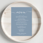 Menu Élégant Script Dusty Blue Wedding Réception<br><div class="desc">Elégant menu de réception de mariage bleu poussiéreux avec "menu" dans un script de calligraphie blanc chic avec des swashes,  votre menu customisé dans une simple typographie blanche,  vos prénoms unis par un coeur et votre date de réception.</div>