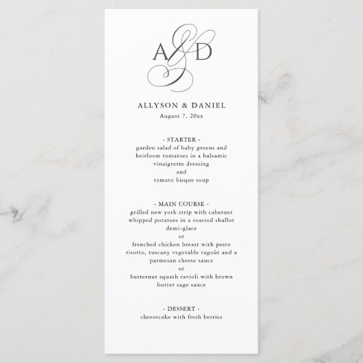 Menu Élégant script initial Monogramme Mariage classiqu (Devant)
