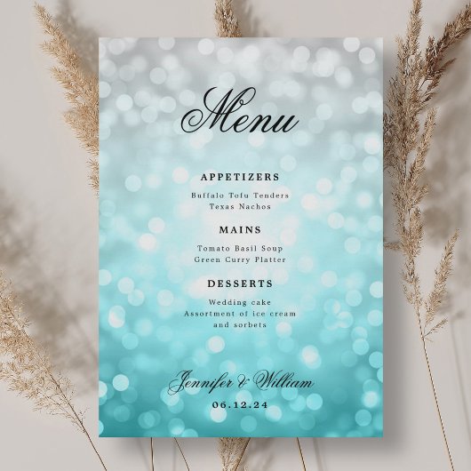 Menu Élégant Script Mariage Beach Bokeh Lumières