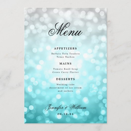 Menu Élégant Script Mariage Beach Bokeh Lumières (Devant)